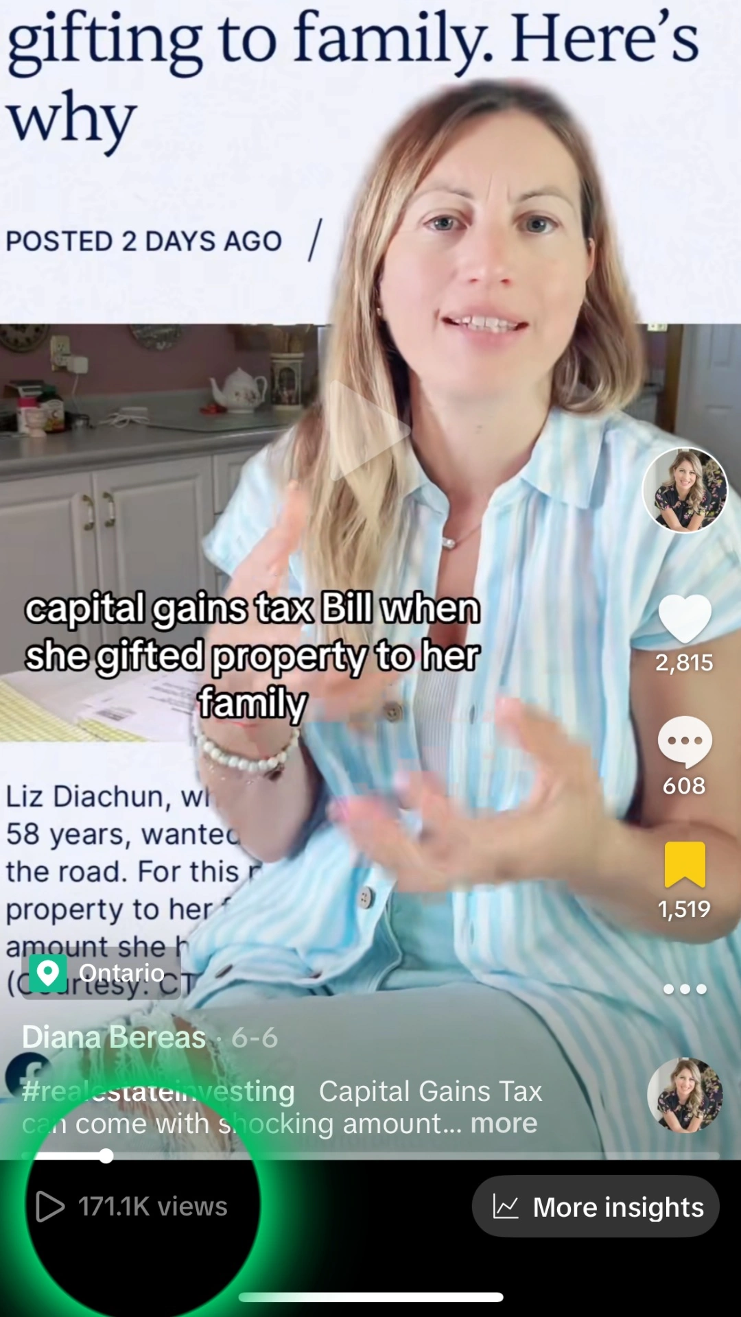 Screenshot of Diana’s real-estate post showing 171.1K views